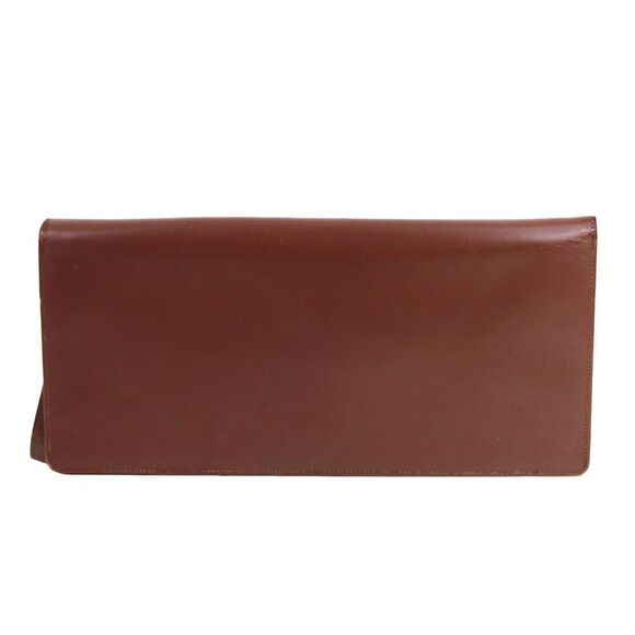 Vintage BROWN GENUINE LEATHER FLAP LONG CLUTCH WALLET ORGANIZER WRISTLET PURSE - Picture 1 of 11